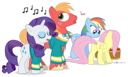 Size: 1100x670 | Tagged: safe, artist:dm29, big macintosh, fluttershy, rainbow dash, rarity, earth pony, pegasus, pony, unicorn, apple, distraction, implied fluttermac, implied shipping, implied straight, male, plot, ponytones outfit, simple background, singing, stallion, transparent background