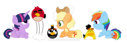 Size: 1024x351 | Tagged: safe, artist:mixelfangirl100, derpibooru import, applejack, rainbow dash, twilight sparkle, twilight sparkle (alicorn), alicorn, earth pony, pegasus, pony, angry birds, crossed hooves, crossover, ear fluff, eyes closed, jumping, looking up, prone, simple background, smiling, transparent background