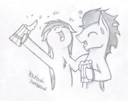 Size: 1024x806 | Tagged: safe, artist:rainbow-deathblow, rainbow dash, soarin', pegasus, pony, cider, drunk, drunker dash, female, male, monochrome, shipping, sketch, soarindash, straight, traditional art