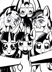 Size: 1351x1861 | Tagged: safe, artist:mrpenceaul, derpibooru import, applejack, fluttershy, pinkie pie, rainbow dash, rarity, twilight sparkle, earth pony, pegasus, pony, unicorn, lipstick, mane six, monochrome, selfie, smiling, traditional art, upside down