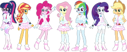 Size: 5052x2066 | Tagged: safe, artist:osipush, derpibooru import, applejack, fluttershy, pinkie pie, rainbow dash, rarity, sci-twi, sunset shimmer, twilight sparkle, equestria girls, absurd resolution, boots, clothes, commission, cute, dress, frilly dress, headset, high heel boots, high heels, humane five, humane seven, humane six, looking at you, looking back, mane six, microphone, shoes, simple background, smiling, transparent background, vector, winter outfit