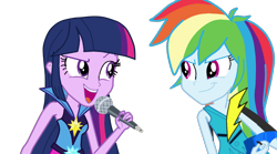 Size: 1280x714 | Tagged: safe, artist:natoumjsonic, derpibooru import, rainbow dash, twilight sparkle, equestria girls, rainbow rocks, clothes, duo, electric guitar, guitar, microphone, open mouth, simple background, transparent background, vector, welcome to the show