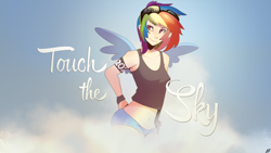 Size: 1920x1080 | Tagged: safe, artist:jave-the-13, artist:wicklesmack, rainbow dash, human, armband, clothes, glasses, hot pants, humanized, midriff, sexy, solo, stupid sexy rainbow dash, tanktop, vector, wallpaper, winged humanization