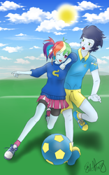 Size: 1200x1920 | Tagged: safe, artist:eilemonty, rainbow dash, soarin', human, female, football, humanized, male, shipping, soarindash, straight