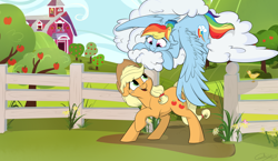 Size: 1024x595 | Tagged: safe, artist:rutkotka, derpibooru import, applejack, rainbow dash, bird, earth pony, pegasus, pony, apple tree, appledash, barn, butt touch, cloud, commission, cute, dashabetes, dialogue, feathermarking, female, jackabetes, lesbian, looking at each other, never doubt tchernobog's involvement, shipping, smiling, sweet apple acres, tree