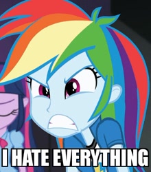 Size: 390x443 | Tagged: safe, derpibooru import, edit, edited screencap, screencap, rainbow dash, twilight sparkle, equestria girls, rainbow rocks, angry, cropped, image macro, meme, rainbow dash is best facemaker, solo focus