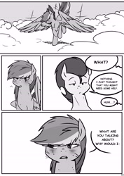 Size: 4961x6992 | Tagged: safe, artist:lrusu, derpibooru import, rainbow dash, soarin', pegasus, pony, comic:rainbow crush, absurd resolution, comic, grayscale, monochrome