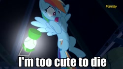 Size: 1104x621 | Tagged: safe, derpibooru import, edit, edited screencap, screencap, rainbow dash, pegasus, pony, 28 pranks later, dark, discovery family logo, flying, image macro, lantern, meme, minecraft:story mode, scared, scaredy dash, screaming, solo