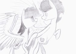 Size: 1024x727 | Tagged: safe, artist:lrusu, rainbow dash, soarin', pegasus, pony, female, flying, male, monochrome, shipping, sketch, soarindash, straight, traditional art