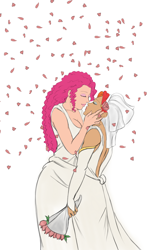 Size: 858x1440 | Tagged: safe, artist:eve-ashgrove, derpibooru import, pinkie pie, rainbow dash, human, bouquet, clothes, dress, female, flower petals, humanized, lesbian, marriage, pinkiedash, shipping, simple background, wedding, wedding dress, white background