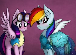 Size: 1978x1421 | Tagged: safe, artist:mylittlelevi64, derpibooru import, rainbow dash, twilight sparkle, twilight sparkle (alicorn), alicorn, pegasus, pony, blushing, clothes, clothes swap, dress, female, goggles, lesbian, princess dress, rainbow dash always dresses in style, shipping, spread wings, twidash, wonderbolt trainee uniform