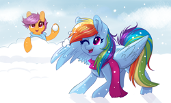 Size: 5338x3205 | Tagged: safe, artist:confetticakez, derpibooru import, rainbow dash, scootaloo, pegasus, pony, absurd resolution, clothes, cute, cutealoo, dashabetes, duo, one eye closed, open mouth, playing, scarf, scootalove, smiling, snow, snowball, snowball fight, snowfall, winter