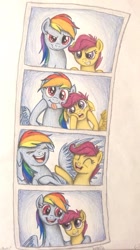 Size: 669x1195 | Tagged: safe, artist:thefriendlyelephant, rainbow dash, scootaloo, pegasus, pony, colored pencil drawing, derp face, duo, filly, funny faces, happy, hilarious, laughing, photo booth, pictures, scootalove, smiling, traditional art, winghug, wings