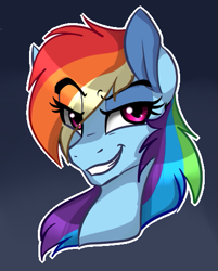 Size: 409x509 | Tagged: safe, artist:saphi-boo, derpibooru import, rainbow dash, pegasus, pony, bust, lidded eyes, portrait, raised eyebrow, simple background, smiling, smirk, solo