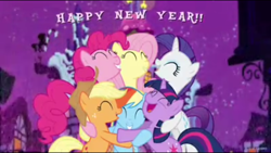 Size: 1136x640 | Tagged: safe, derpibooru import, applejack, fluttershy, pinkie pie, rainbow dash, rarity, twilight sparkle, earth pony, pegasus, pony, unicorn, group hug, hug, mane six, needs more jpeg, new year