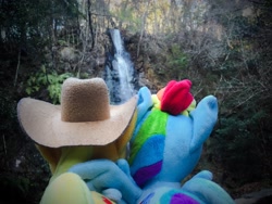 Size: 3264x2448 | Tagged: safe, artist:setorin5, derpibooru import, applejack, rainbow dash, 4de, appledash, female, irl, lesbian, photo, plushie, ponies around the world, scenery, shipping, waterfall