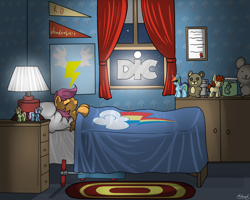 Size: 2500x2000 | Tagged: safe, artist:malamol, rainbow dash, scootaloo, twist, pegasus, pony, bed, closing logo, dic, hilarious in hindsight, logo, logo parody, night, nostalgia, plushie, poster, scooter, sleeping, toy