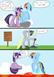Size: 2866x4083 | Tagged: safe, artist:iados, derpy hooves, rainbow dash, twilight sparkle, twilight sparkle (alicorn), alicorn, pegasus, pony, boatmurdered, cloud, comic, dwarf fortress, eye contact, female, flying, frown, helmet, lava, lever, lidded eyes, looking at each other, mare, open mouth, pan, pan helmet, sign, sitting, smiling, speech bubble, spread wings, this will end in fire, too dumb to live, wings, worried