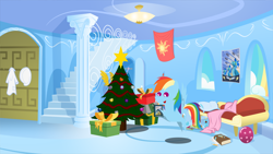 Size: 6666x3747 | Tagged: safe, artist:steampunk-brony, derpibooru import, daring do, rainbow dash, pegasus, pony, absurd resolution, ball, book, christmas tree, pointy ponies, present, rainbow dash's house, solo, tree, wonderbolts poster