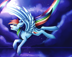 Size: 2500x2000 | Tagged: safe, artist:kurochhi, derpibooru import, rainbow dash, pegasus, pony, cloud, flying, high res, moon, night, rainbow trail, solo, water