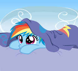 Size: 600x544 | Tagged: safe, artist:sketchyjackie, rainbow dash, pegasus, pony, bed, blanket, cute, dashabetes, filly, filly rainbow dash, image macro, lazy, looking up, meme, my little filly, peeking, prone, solo, younger