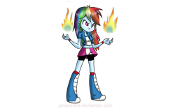 Size: 1280x800 | Tagged: safe, artist:janadashie, derpibooru import, rainbow dash, equestria girls, belly button, boots, clothes, compression shorts, fire, midriff, short shirt, shorts, simple background, skirt, skirt lift, solo, transparent background