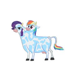 Size: 985x897 | Tagged: source needed, useless source url, safe, artist:theunknowenone1, derpibooru import, rainbow dash, rarity, cow, brahmin, conjoined, cowified, fusion, multiple heads, raricow, species swap, two heads, udder, we have become one