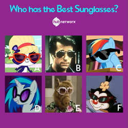 Size: 549x548 | Tagged: safe, dj pon-3, rainbow dash, vinyl scratch, pegasus, pony, unicorn, alf, animaniacs, dot warner, happy days, henry winkler, hub logo, hub network, littlest pet shop, official, penny ling, sunglasses, the fonz, the hub