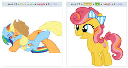 Size: 530x283 | Tagged: safe, derpibooru import, applejack, rainbow dash, oc, earth pony, pegasus, pony, appledash, exploitable meme, female, juxtaposition, juxtaposition win, lesbian, meme, shipper on deck, shipping