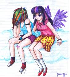 Size: 1024x1122 | Tagged: safe, artist:cosmicponye, rainbow dash, twilight sparkle, twilight sparkle (alicorn), alicorn, human, clothes, converse, fashion nightmare, humanized, scene interpretation, shoes, traditional art