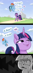 Size: 1249x2766 | Tagged: safe, artist:adequality, artist:mostazathy, derpibooru import, rainbow dash, twilight sparkle, pegasus, pony, comic, dialogue, faic, implied rainbow blitz, implied rule 63, implied transformation, speech bubble