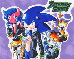 Size: 847x677 | Tagged: safe, artist:general-radix, derpibooru import, derpy hooves, firefly, rainbow dash, sunny rays, pegasus, pony, clothes, crossover, female, jacket, mare, markers, ring, sega, sonic the hedgehog, sonic the hedgehog (series), traditional art