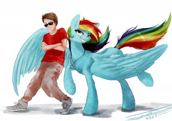 Size: 2400x1700 | Tagged: safe, artist:yummiestseven65, derpibooru import, rainbow dash, human, clothes, crossed arms, duo, grin, looking at you, pants, raised hoof, raised leg, shoes, signature, simple background, smiling, smirk, smug, spread wings, sunglasses, white background