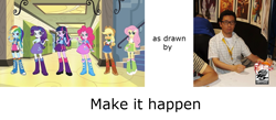 Size: 1150x500 | Tagged: safe, derpibooru import, applejack, fluttershy, pinkie pie, rainbow dash, rarity, twilight sparkle, equestria girls, exploitable meme, make it happen, mane six, meme, shinkiro, toshiaki mori