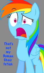 Size: 250x409 | Tagged: safe, derpibooru import, rainbow dash, pegasus, pony, gray background, kinkshaming, simple background, solo, text, wat