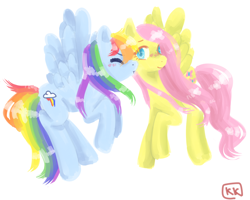 Size: 1280x1024 | Tagged: safe, artist:katze-kat, derpibooru import, fluttershy, rainbow dash, pegasus, pony, female, floating, flutterdash, kiss on the cheek, kissing, lesbian, shipping, simple background, smooch, spread wings, white background