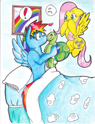 Size: 2552x3300 | Tagged: safe, artist:tristanjsolarez, derpibooru import, fluttershy, rainbow dash, tank, pegasus, pony, comic:trans ponies, bed, caught, heart, high res, kissing, spread wings, traditional art, wingboner