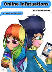 Size: 1024x1412 | Tagged: safe, artist:northlights8, derpibooru import, rainbow dash, soarin', human, fanfic, fanfic art, humanized, male, phone, shipping, smartphone, soarindash, straight