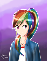 Size: 1400x1800 | Tagged: safe, artist:linlaifeng, derpibooru import, rainbow dash, human, alternate hairstyle, bust, clothes, cute, cutie mark necklace, gradient background, humanized, jacket, jewelry, necklace, ponytail, purple background, signature, simple background, solo