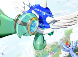 Size: 726x528 | Tagged: safe, artist:frist44, rainbow dash, tank, pegasus, pony, belly button, blue shell, cloud, cloudy, crossover, dynamic angle, flying, goggles, koopa shell, lens flare, mario, mario kart, mario kart wii, nintendo, ponyville, sky, sunlight, super mario bros., wings