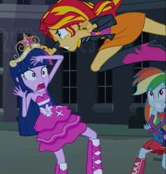 Size: 731x768 | Tagged: safe, derpibooru import, screencap, rainbow dash, sunset shimmer, twilight sparkle, equestria girls, equestria girls (movie), angry, big crown thingy, boots, clothes, cropped, crown, fall formal outfits, high heel boots, jacket, jewelry, regalia, sleeveless, strapless, twilight ball dress