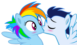 Size: 1165x686 | Tagged: safe, artist:mrbrandonmac, rainbow dash, soarin', pegasus, pony, alternate hairstyle, blushing, eyes closed, female, kissing, male, shipping, soarindash, straight, surprise kiss, surprised