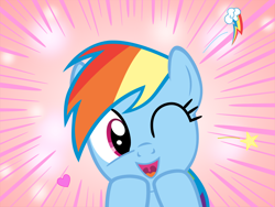 Size: 1600x1200 | Tagged: safe, artist:s.guri, rainbow dash, pegasus, pony, americano exodus, cute, dashabetes, happy, heart, looking at you, open mouth, parody, smiling, solo, stars, uvula, vector, wink