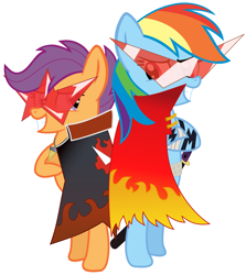 Size: 2022x2267 | Tagged: safe, artist:s.guri, rainbow dash, scootaloo, pegasus, pony, kamina sunglasses, simon glasses, simple background, tengen toppa gurren lagann, vector, white background