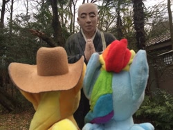 Size: 3264x2448 | Tagged: safe, artist:setorin5, derpibooru import, applejack, rainbow dash, human, 4de, irl, irl human, japan, photo, plushie, ponies around the world, statue