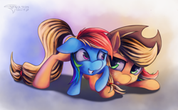 Size: 2252x1400 | Tagged: safe, artist:ferasor, derpibooru import, applejack, rainbow dash, earth pony, pegasus, pony, annoyed, cowboy hat, cute, dashabetes, duo, floppy ears, freckles, grin, hat, smiling