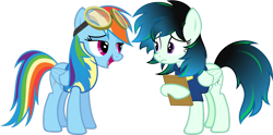 Size: 2562x1272 | Tagged: safe, artist:zacatron94, rainbow dash, twilight sparkle, twilight sparkle (alicorn), alicorn, pegasus, pony, aurora nightfall, bedroom eyes, clipboard, disguise, female, goggles, lesbian, mare, open mouth, shipping, simple background, transparent background, twidash, vector, wonderbolt trainee uniform