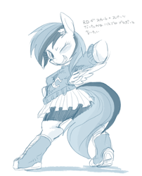 Size: 600x743 | Tagged: safe, artist:wolhim, rainbow dash, pegasus, pony, bipedal, clothes, equestria girls outfit, female, hairclip, mare, monochrome, one eye closed, pixiv, shoes, simple background, skirt, sneakers, solo, text, white background, wink, wondercolts