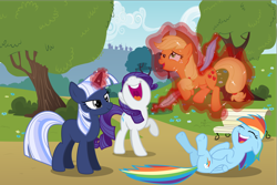 Size: 10000x6667 | Tagged: safe, artist:steampunk-brony, derpibooru import, applejack, rainbow dash, rarity, oc, oc:silverlay, earth pony, pegasus, pony, unicorn, absurd resolution, cute, feather, laughing, magic, magic abuse, tickling