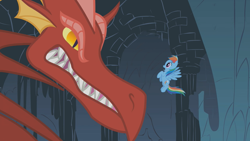 Size: 1280x720 | Tagged: safe, derpibooru import, screencap, basil, rainbow dash, dragon, pegasus, pony, dragonshy, angry, scared